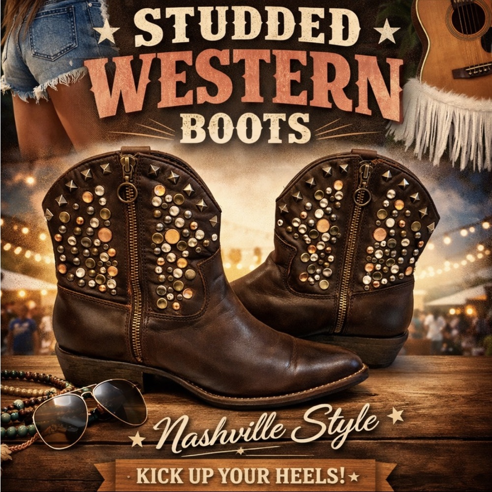 ZiGiny Studded Western Ankle Boots Like New: 8M Women’s Medium Width